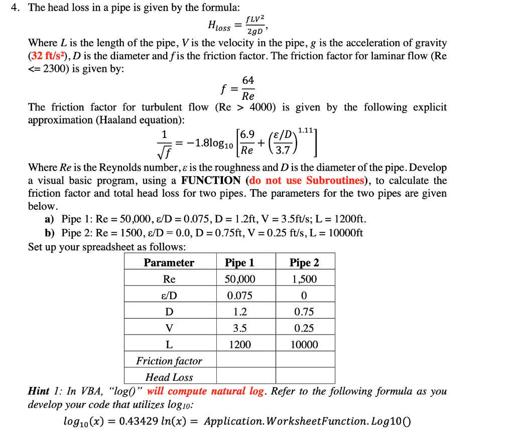 Solved 4. The Head Loss In A Pipe Is Given By The Formula: | Chegg.com