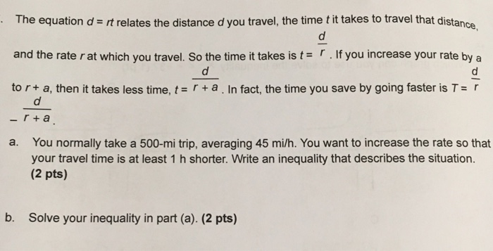 Solved The equation d rt relates the distance d you travel, | Chegg.com