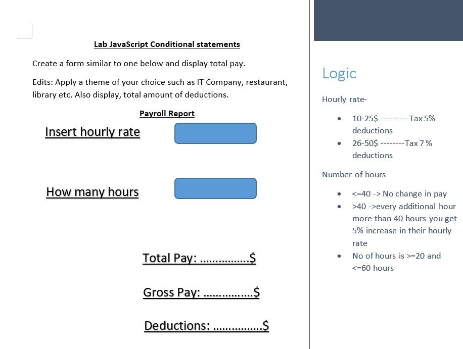 Solved Logic Lab JavaScript Conditional statements Create a | Chegg.com