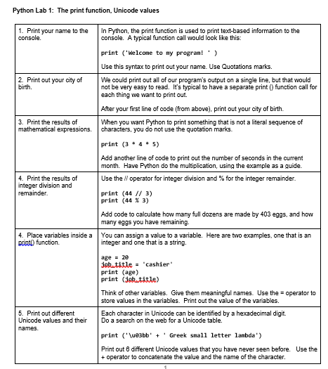 Solved Python Lab 1: The print function, Unicode values 1. | Chegg.com