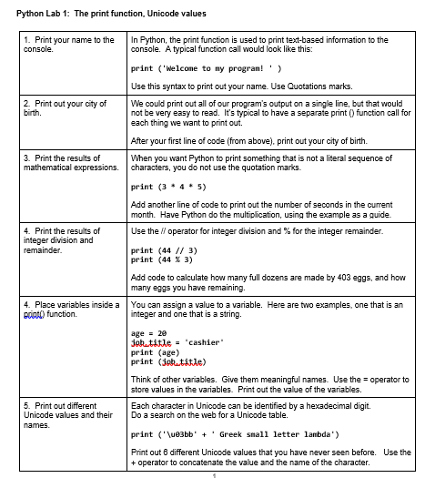 skrue instinkt Gør det ikke Solved Python Lab 1: The print function, Unicode values 1. | Chegg.com