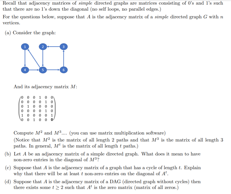 Solved Recall that adjacency matrices of simple directed | Chegg.com