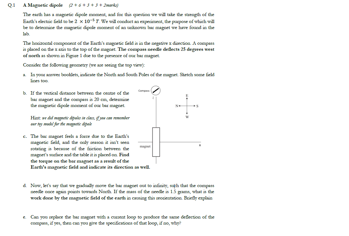 Solved Q.1 A Magnetic dipole (2+6+3+ 3 + 2marks) The earth | Chegg.com