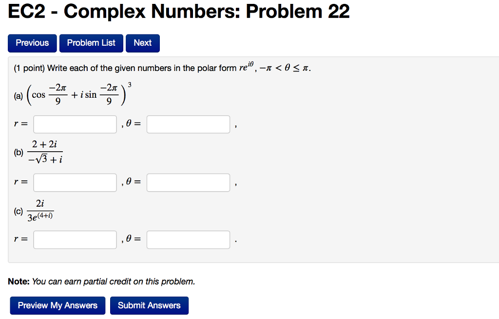 Solved EC2 - Complex Numbers: Problem 22 Previous Problem | Chegg.com