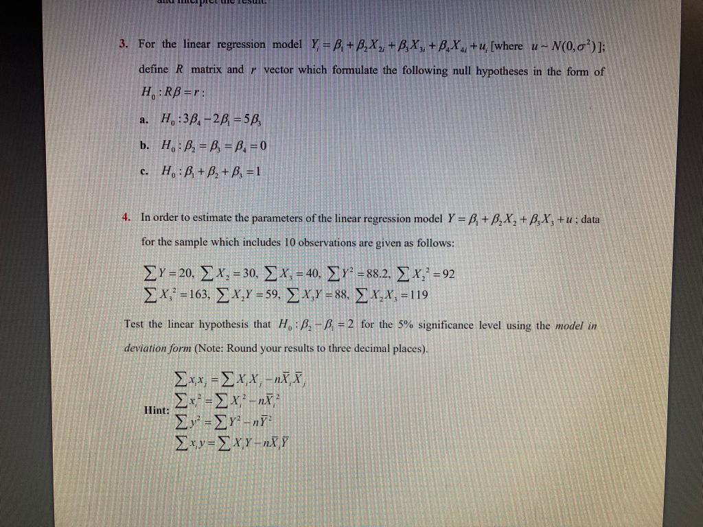 Solved 3. For The Linear Regression Model Y = B.+B,X, +B,X,, | Chegg.com