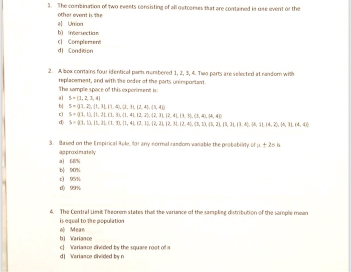 Solved 1. The combination of two events consisting of all | Chegg.com