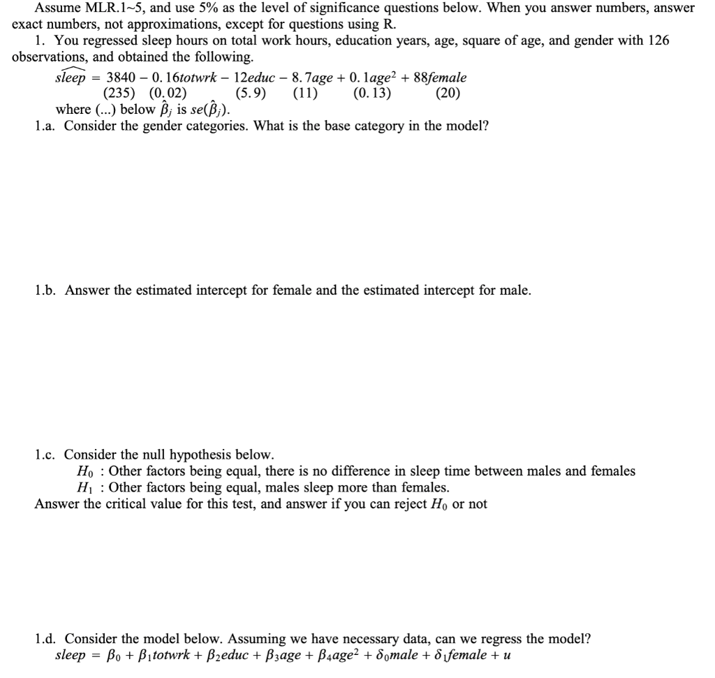 Solved Assume MLR.1-5, and use 5% as the level of | Chegg.com