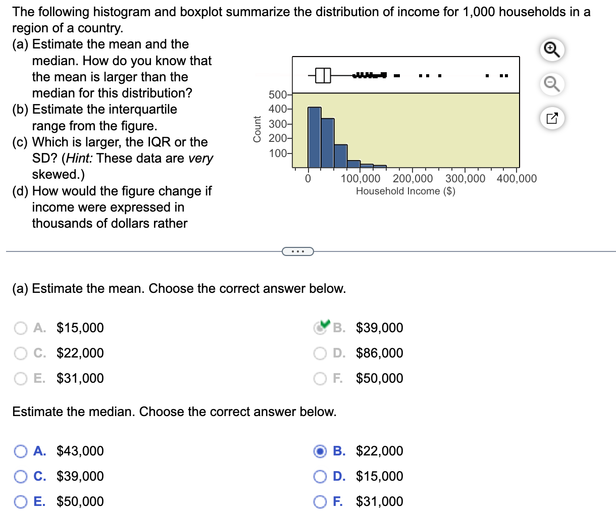 The following histogram and boxplot summarize the distribution of income for 1,000 households in a region of a country.
(a) E