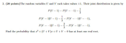 Solved 1 2. (20 points)The random variables U and V each | Chegg.com