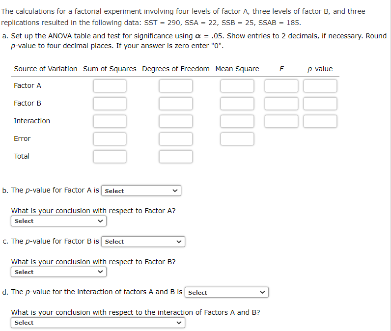 Solved The calculations for a factorial experiment involving | Chegg.com