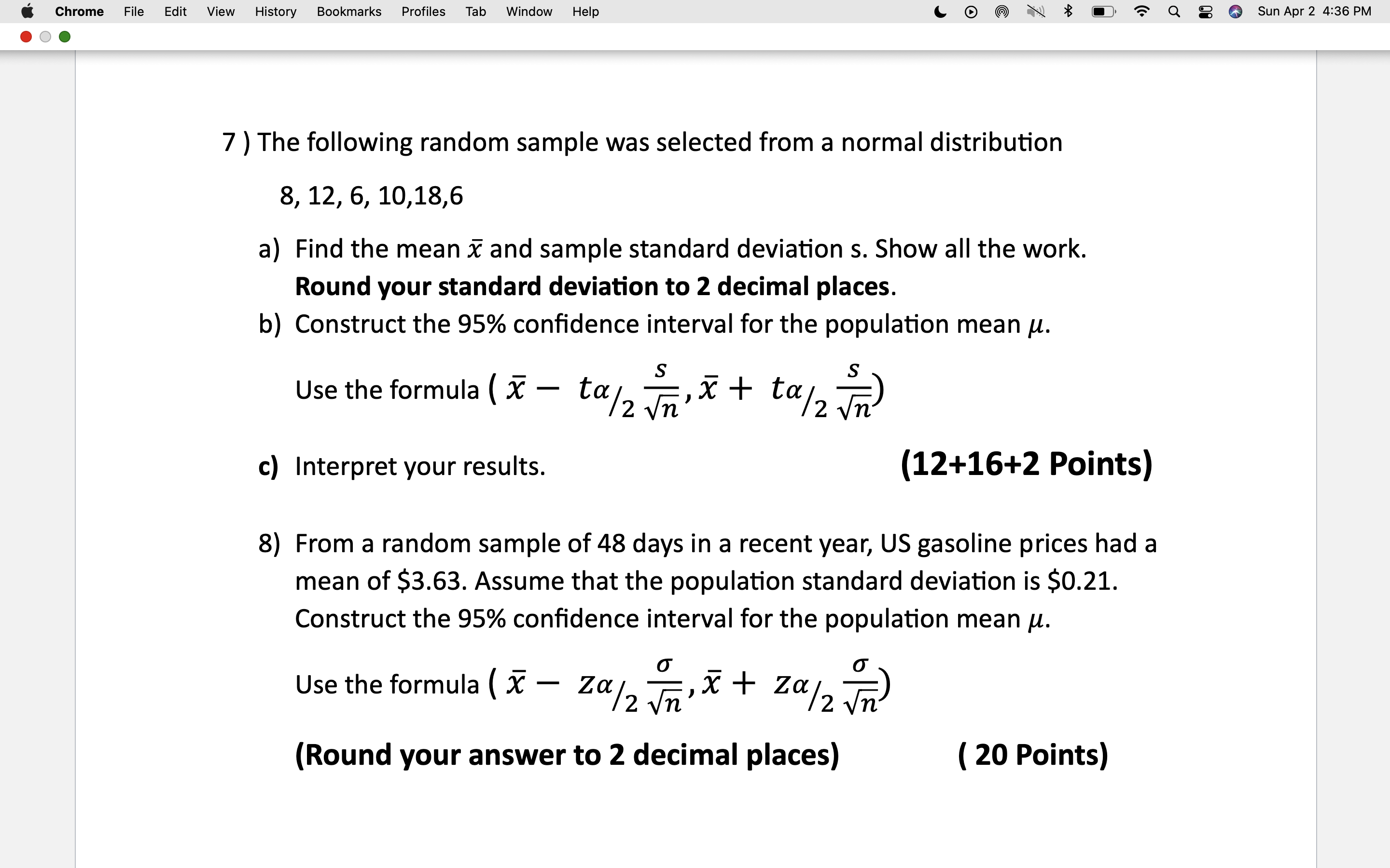 Solved 7 ) The following random sample was selected from a | Chegg.com