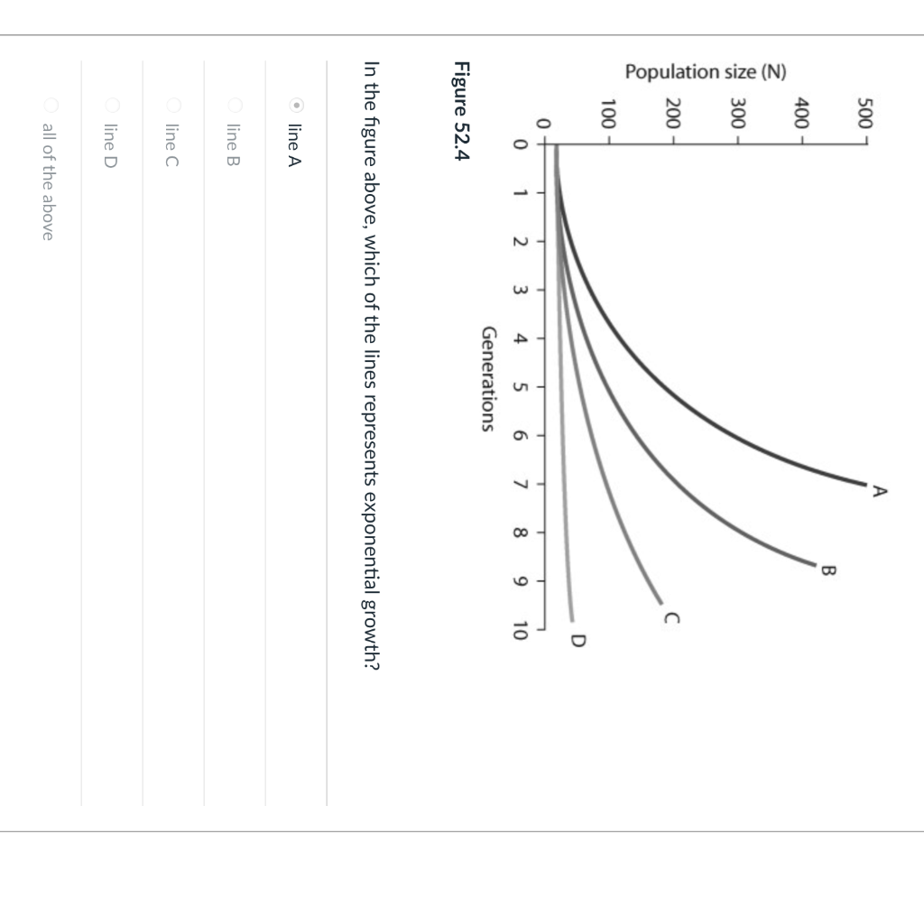 In the figure above, which of the lines represents exponential growth?
line \( A \)
line B
line C
line D
all of the above