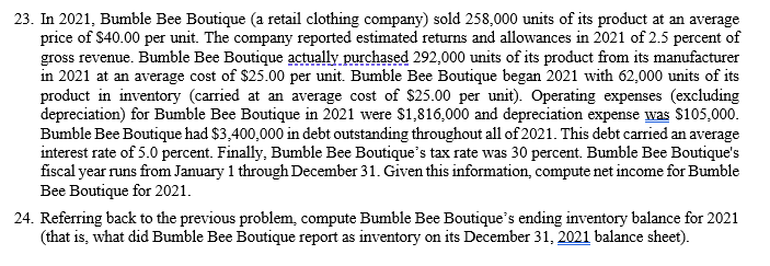 Solved 23. In 2021 Bumble Bee Boutique a retail clothing Chegg