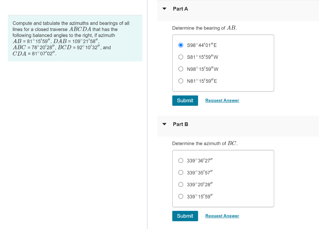 Solved Compute and tabulate the azimuths and bearings of all