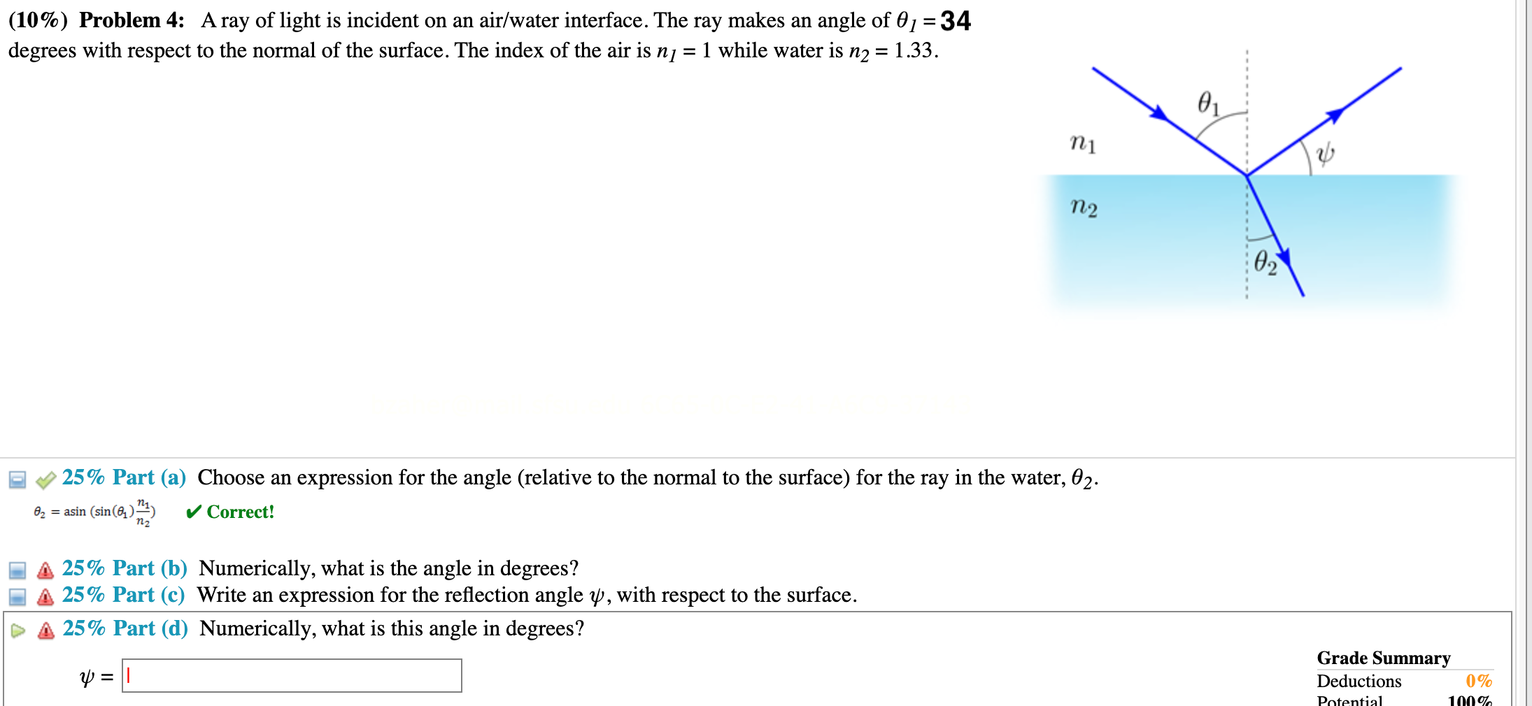 Solved (10\%) Problem 4: A Ray Of Light Is Incident On An | Chegg.com