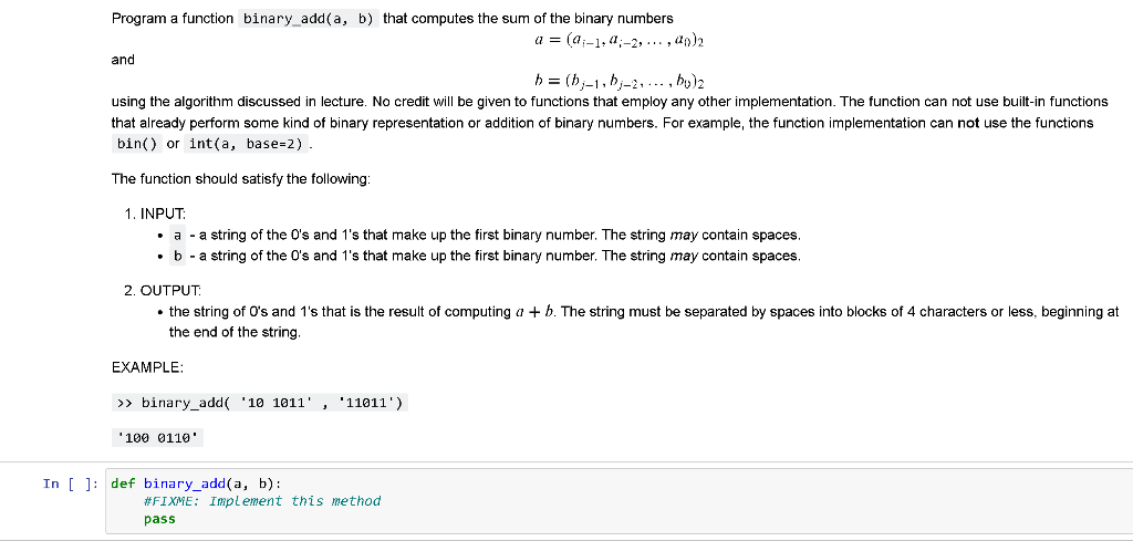 Solved Program A Function Binary_add(a, B) That Computes The | Chegg.com