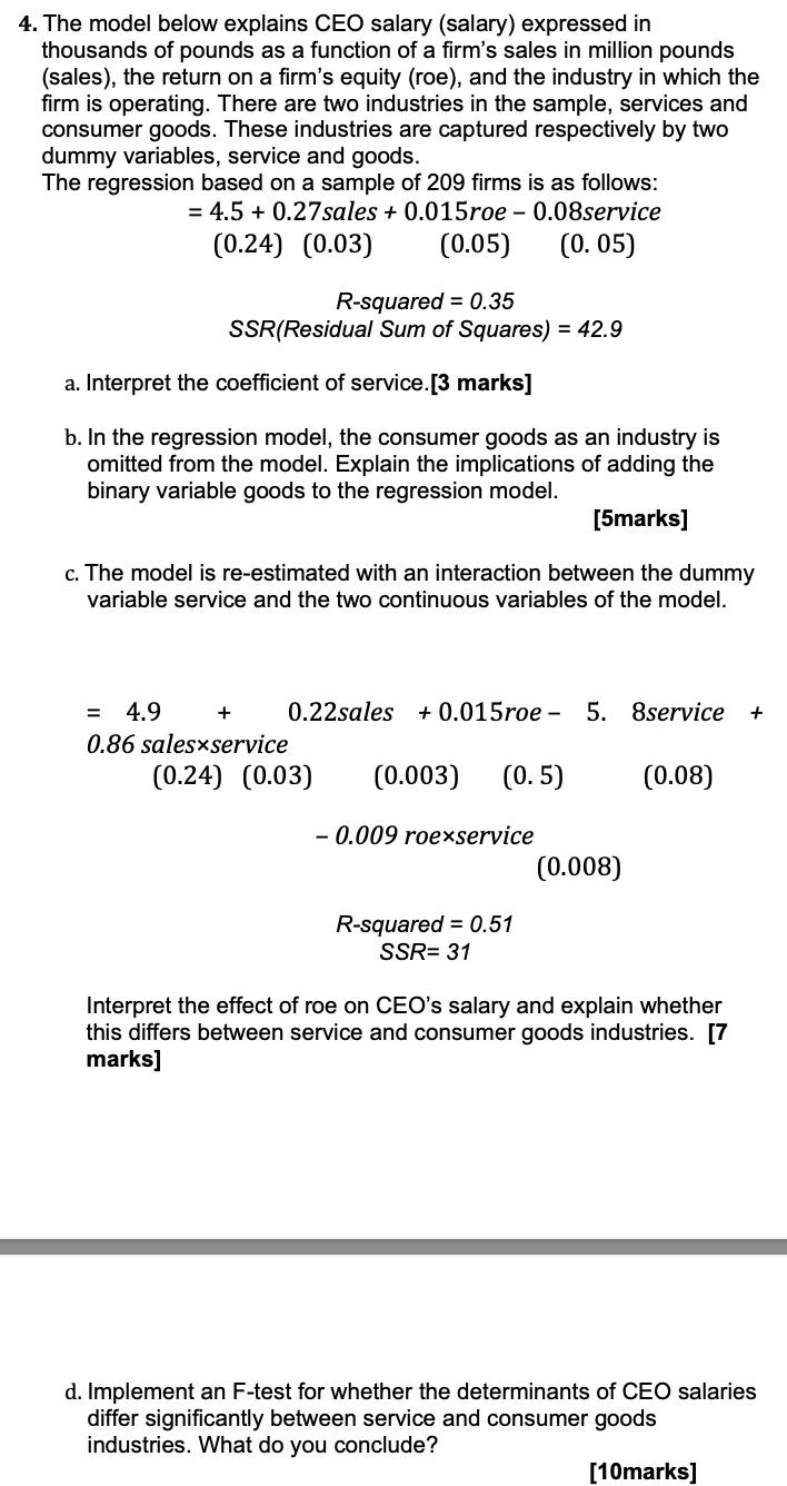 Solved 4. The model below explains CEO salary (salary)