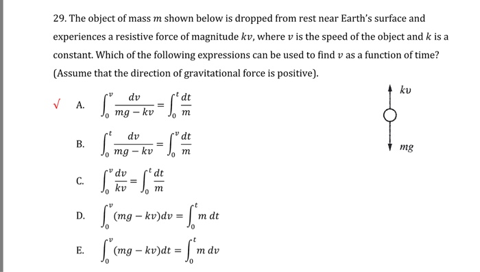 Solved 29. The object of mass m shown below is dropped from | Chegg.com