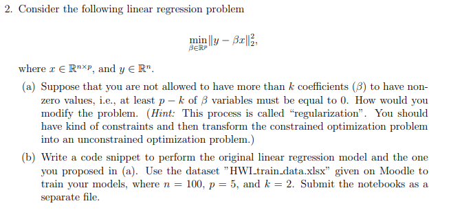 Solved 2. Consider the following linear regression problem | Chegg.com