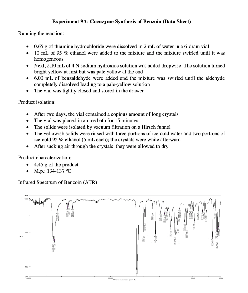 Solved Experiment A Coenzyme Synthesis Of Benzoin Data Chegg Com