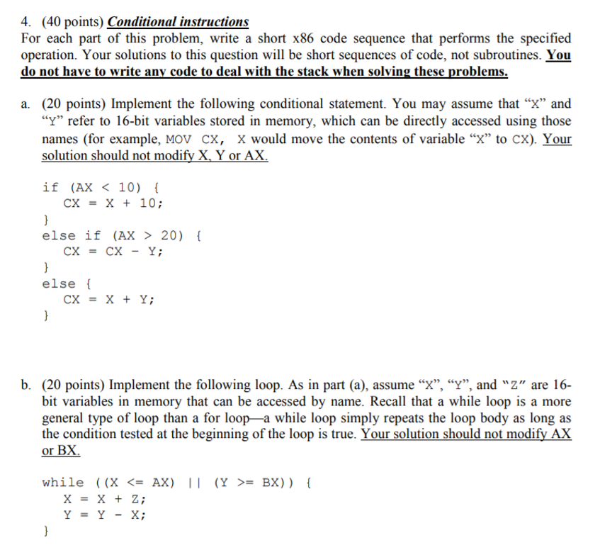 Solved 4. (40 points) Conditional instructions For each part | Chegg.com