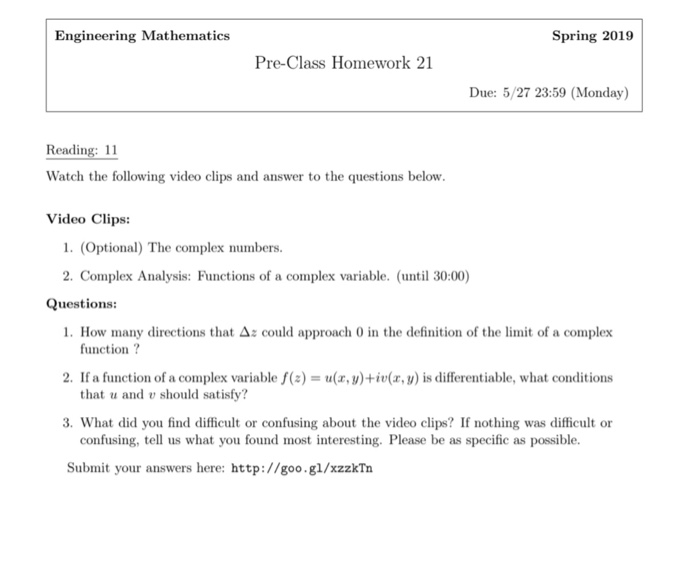 Solved Engineering Mathematics Spring 2019 Pre-Class | Chegg.com