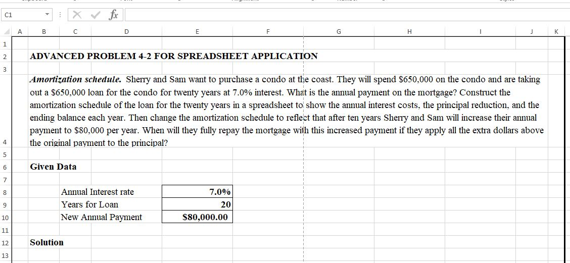 Solved ADVANCED PROBLEM 42 FOR SPREADSHEET APPLICATION