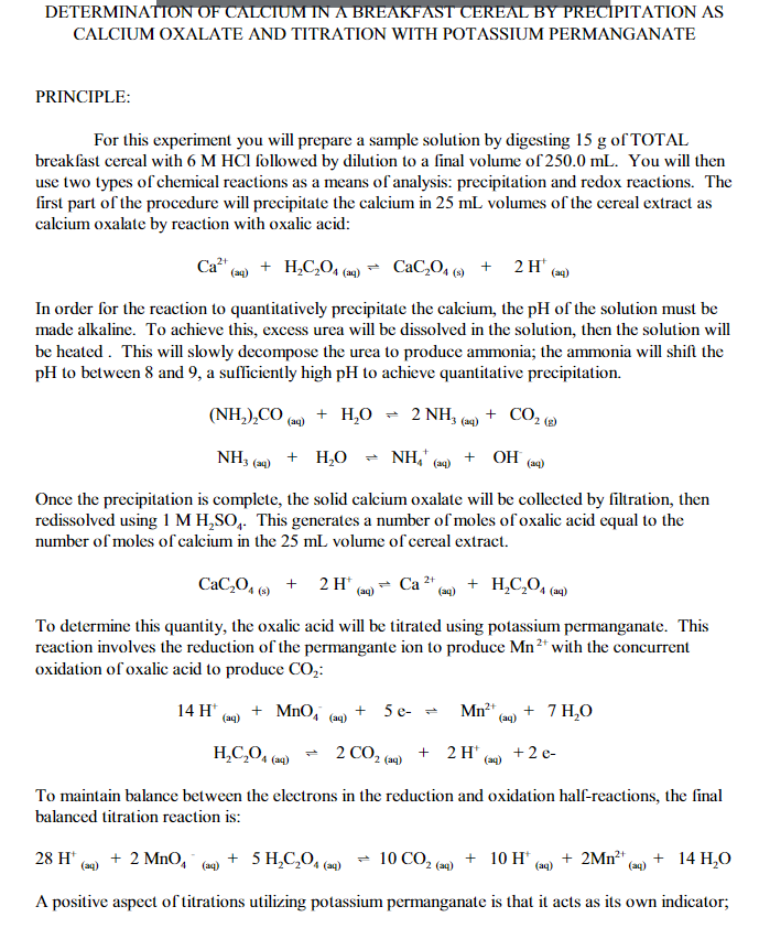 CALCIUM OXALATE AND TITRATION WITH POTASSIUM | Chegg.com