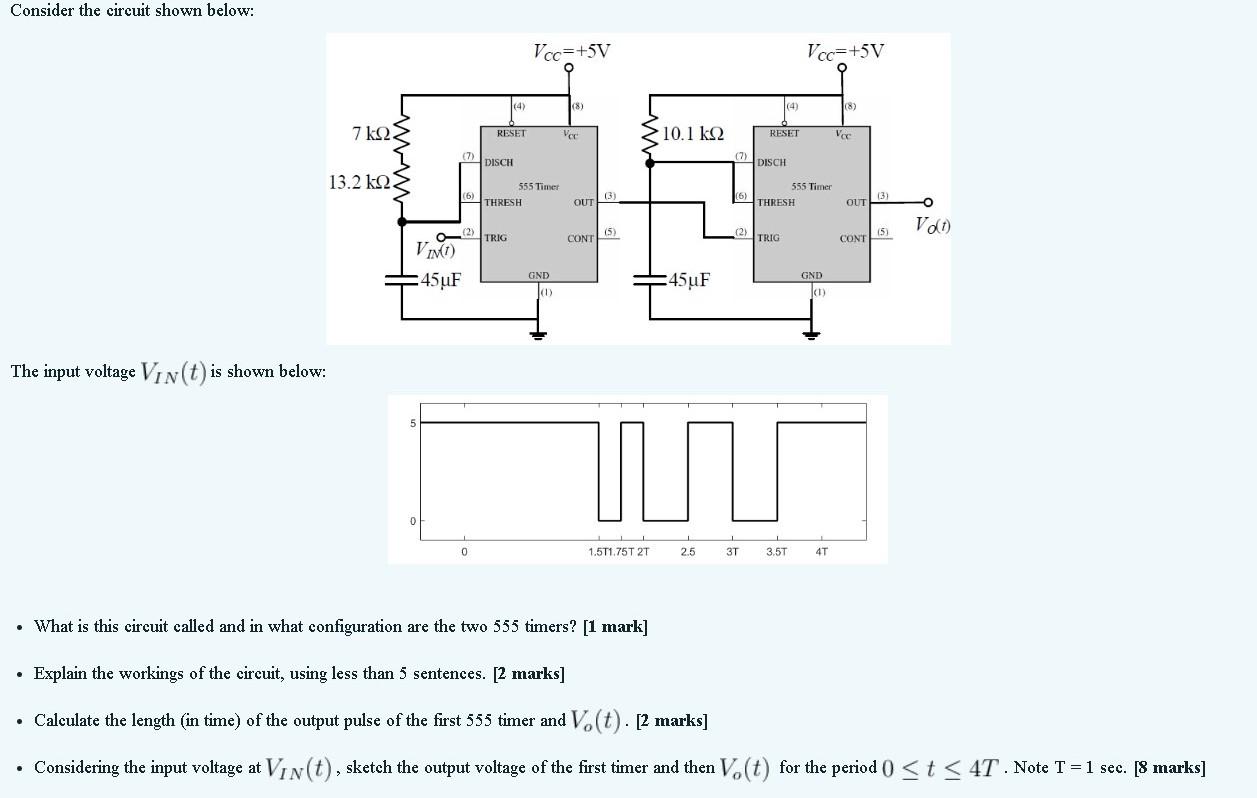 Consider the circuit shown below:
The input voltage \( V_{I N}(t) \) is shown below:
- What is this circuit called and in wha