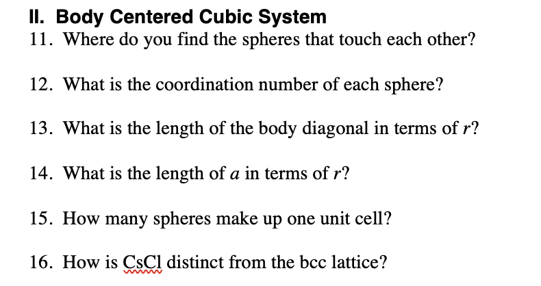 Solved II. Body Centered Cubic System 11. Where do you find | Chegg.com