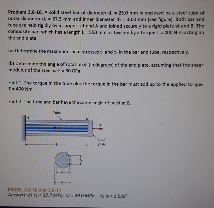 Solved Problem 3.8-10. A solid steel bar of diameter di = | Chegg.com