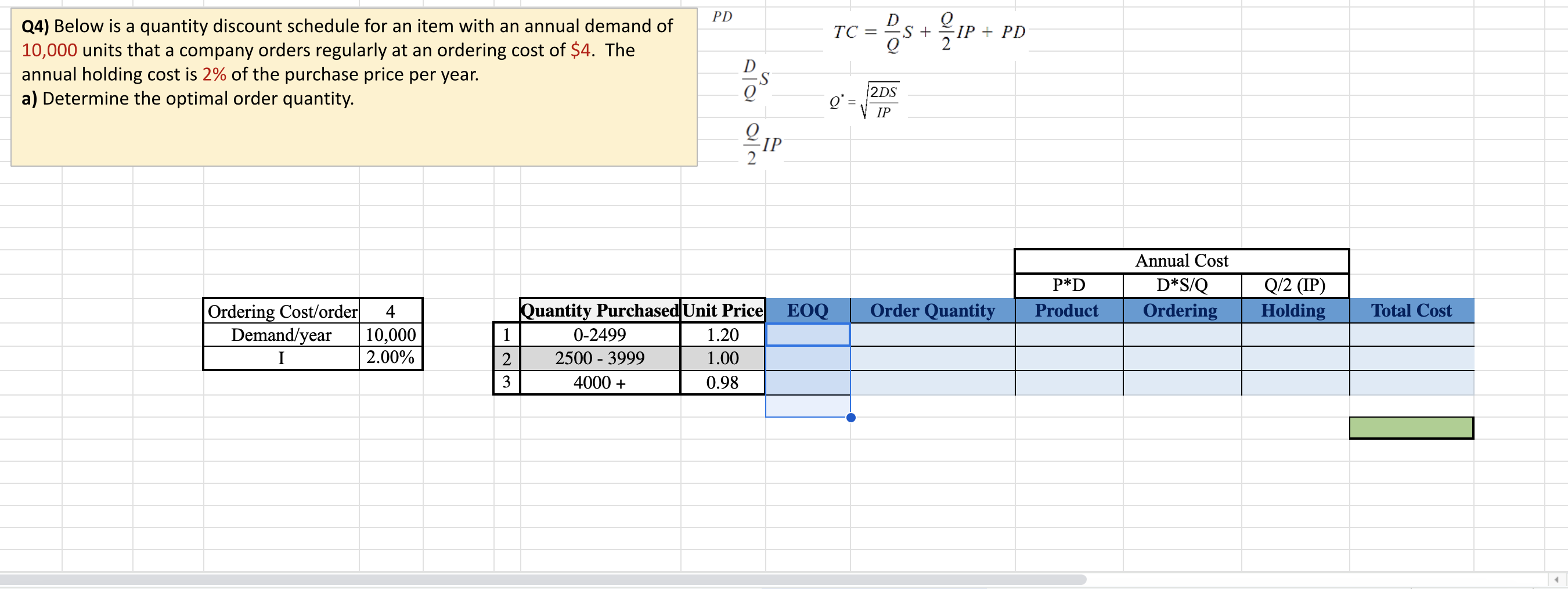 Solved Please fill out the empty tables of eoq, and order | Chegg.com