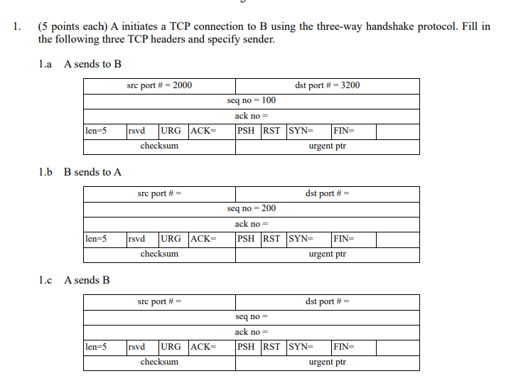 Solved 1. (5 points each) A initiates a TCP connection to B | Chegg.com