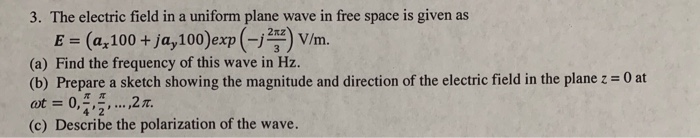 Solved 3. The electric field in a uniform plane wave in free | Chegg.com