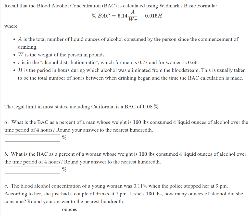 Solved Recall that the Blood Alcohol Concentration (BAC) is | Chegg.com