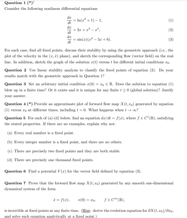 Solved Question 1 (*) Consider the following nonlinear | Chegg.com