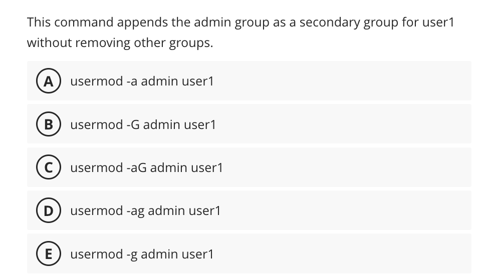 Solved This command appends the admin group as a secondary | Chegg.com
