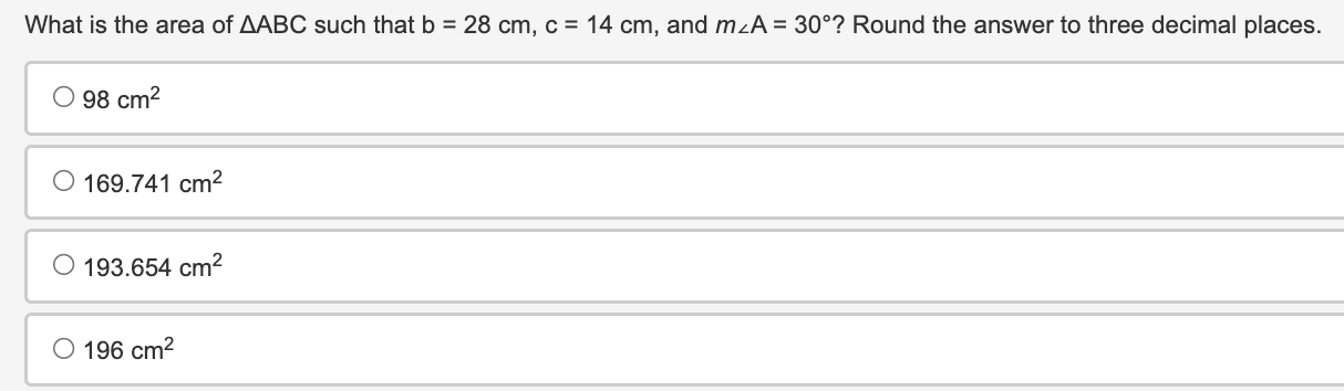 Solved What Is The Area Of ABC Such That B=28 Cm,c=14 Cm, | Chegg.com