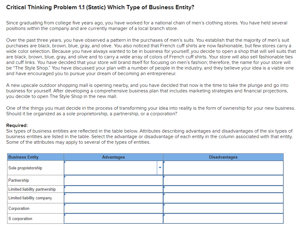 critical thinking problem 1.1 (static) which type of business entity