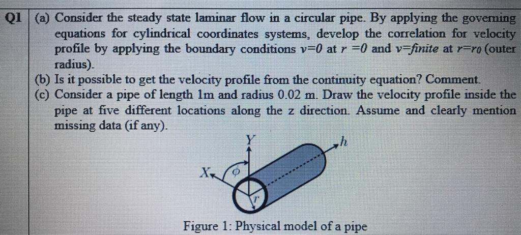 Solved Q1 (a) Consider the steady state laminar flow in a | Chegg.com