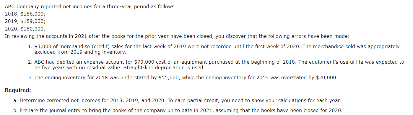 Solved ABC Company reported net incomes for a three-year | Chegg.com