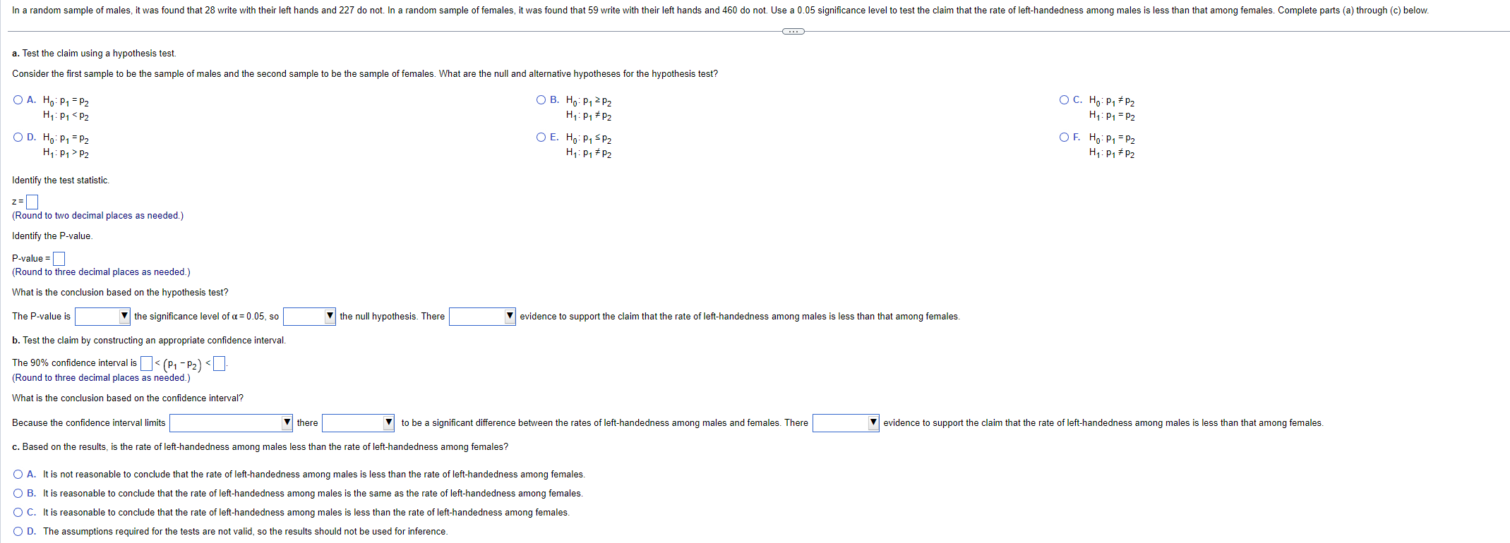 Solved Consider the first sample to be the sample of males | Chegg.com