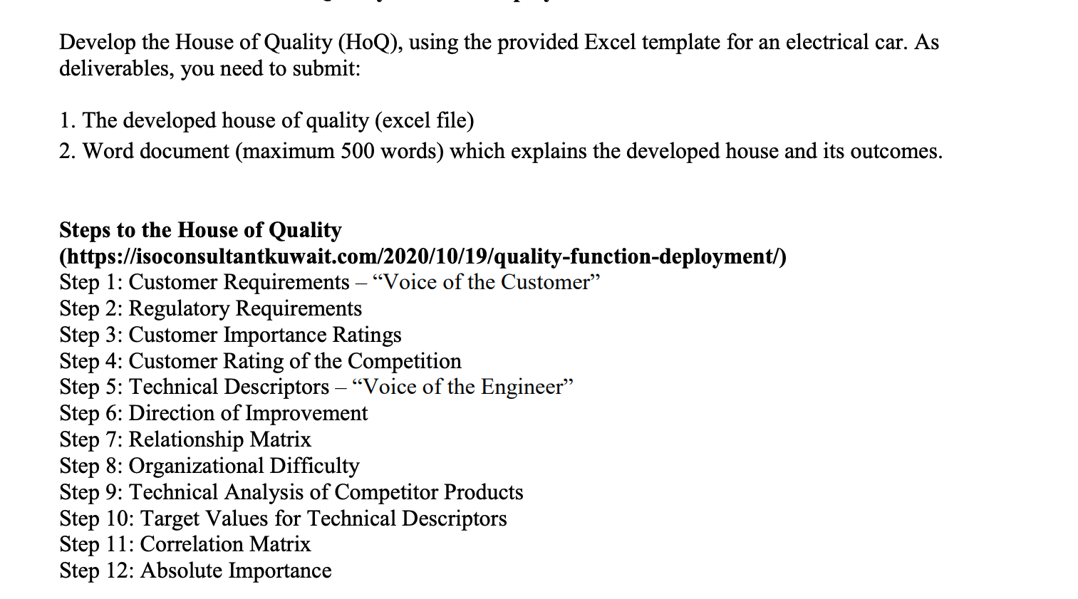 Develop the House of Quality (HoQ), using the | Chegg.com