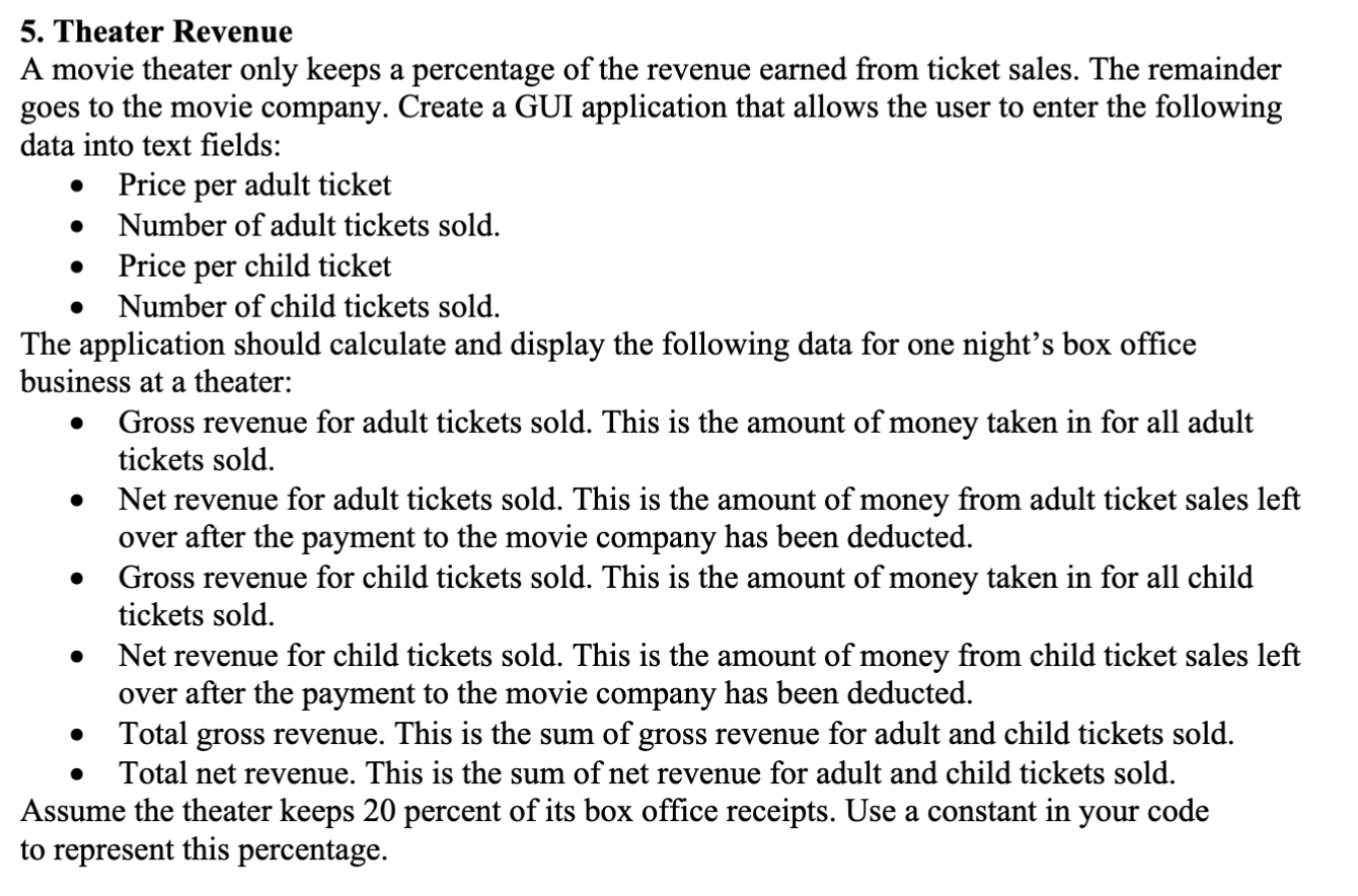 Solved 5. Theater Revenue A movie theater only keeps a | Chegg.com