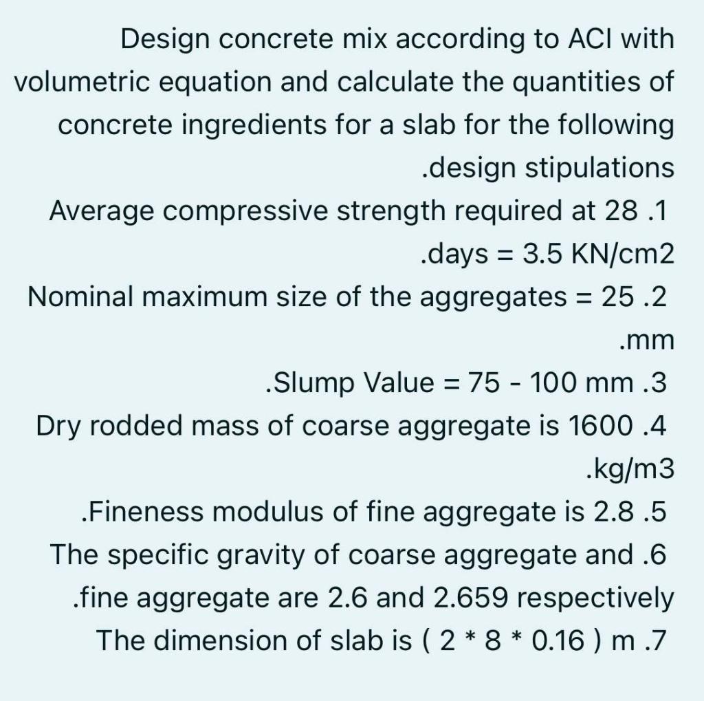Solved Design concrete mix according to ACI with volumetric | Chegg.com