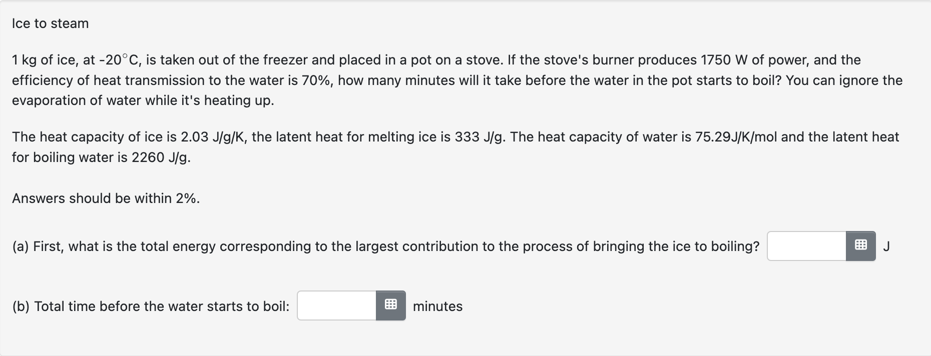 \( 1 \mathrm{~kg} \) of ice, at \( -20^{\circ} \mathrm{C} \), is taken out of the freezer and placed in a pot on a stove. If