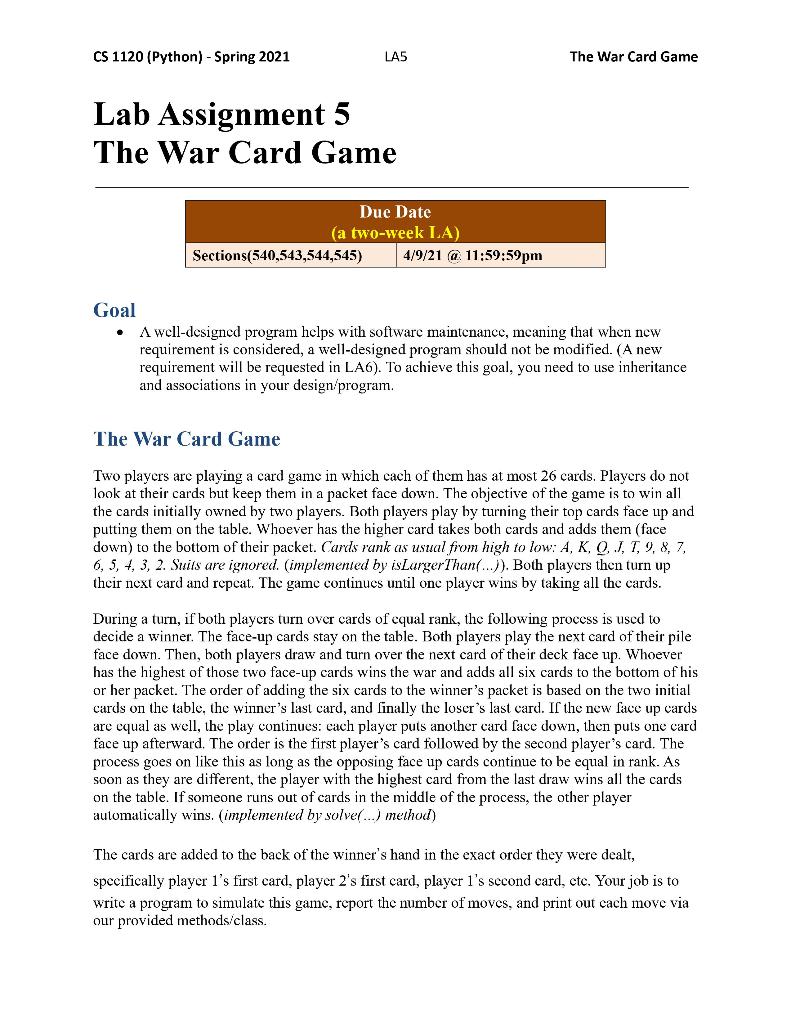 Solved CS 1120 (Python) - Spring 2021 LA5 The War Card Game | Chegg.com
