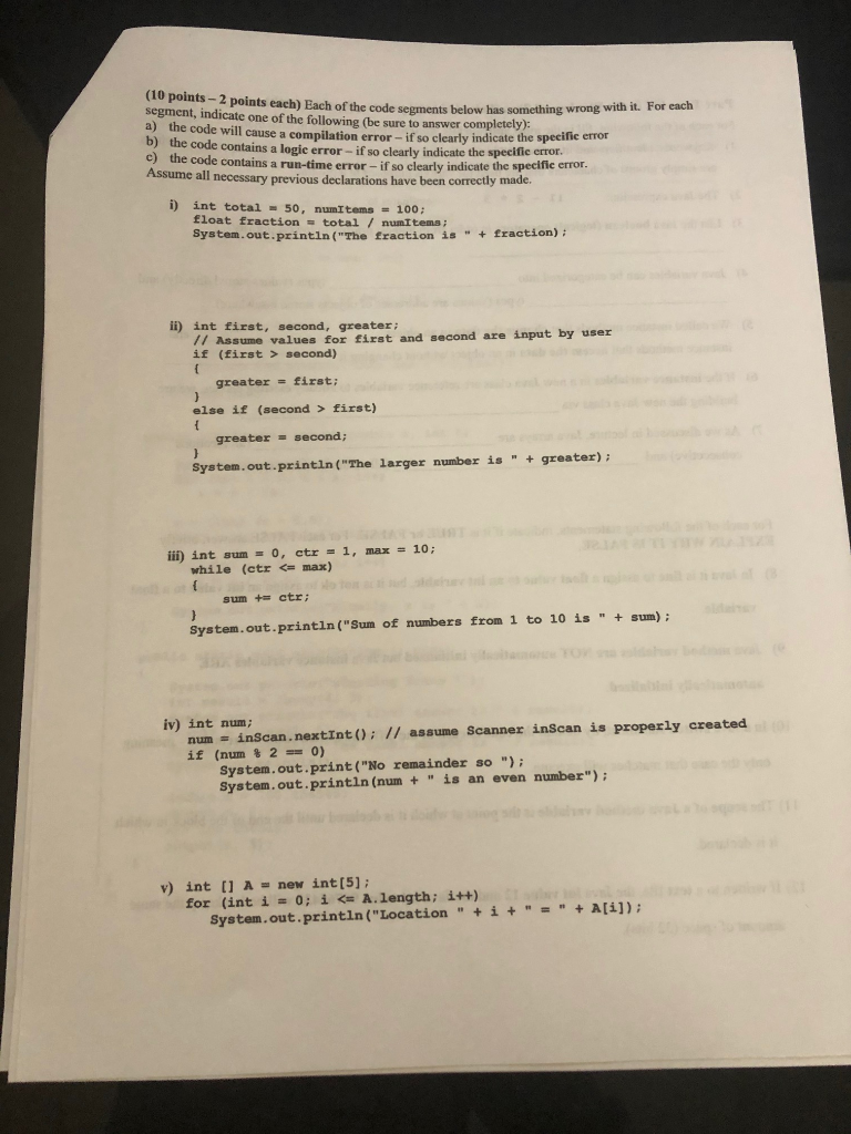 Solved (10 points - 2 points each) Each of the code segments | Chegg.com