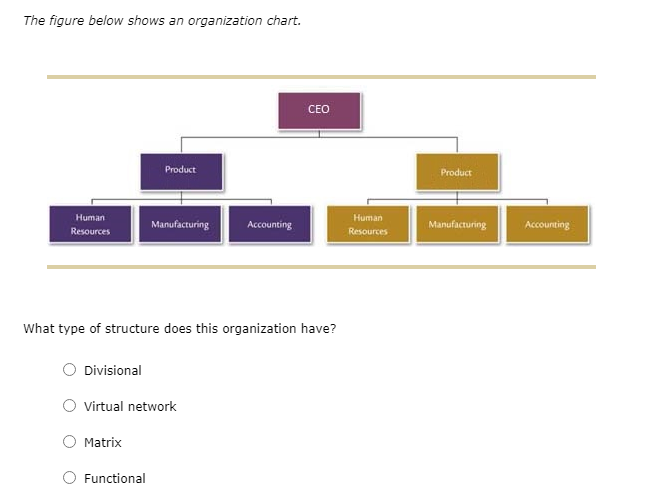Solved The figure below shows an organization chart. CEO | Chegg.com