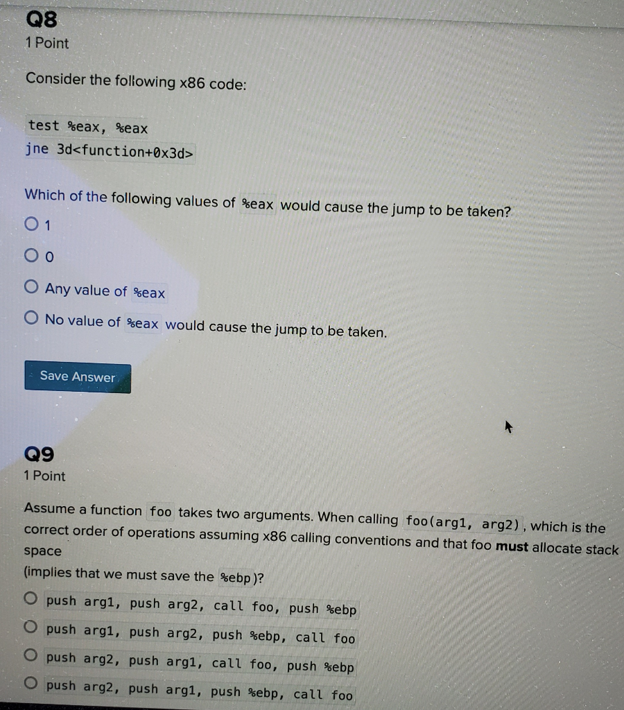 Q8 1 Point Consider the following x86 code: test | Chegg.com